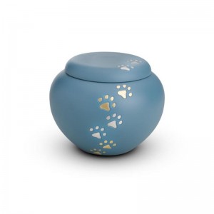 Brass - Rounded Pet Cremation Ashes Urn 1.5 Litre (Blue with Gold and Silver Pawprints)
